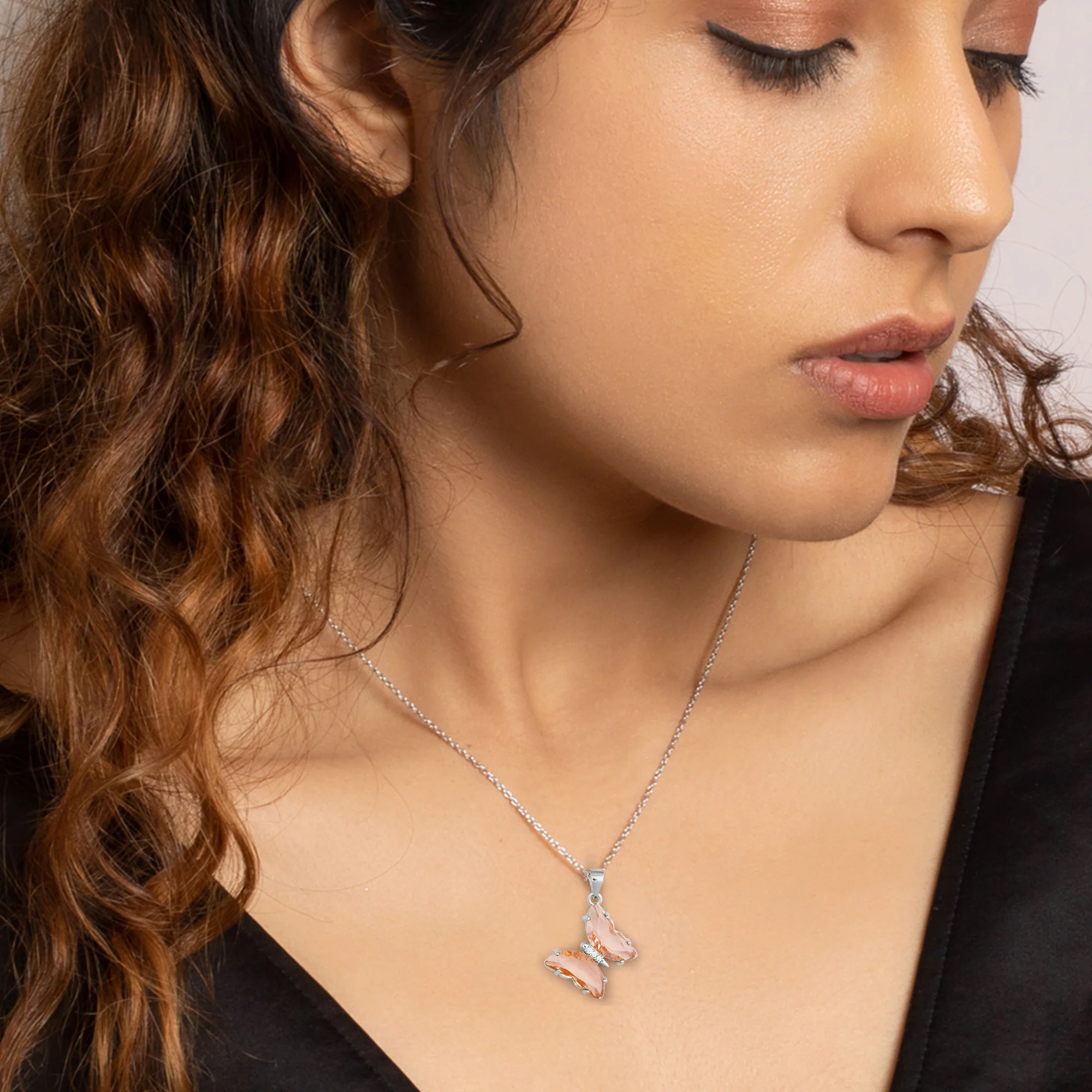 Silver Peach Butterfly Pendant With Link Chain - Image 2