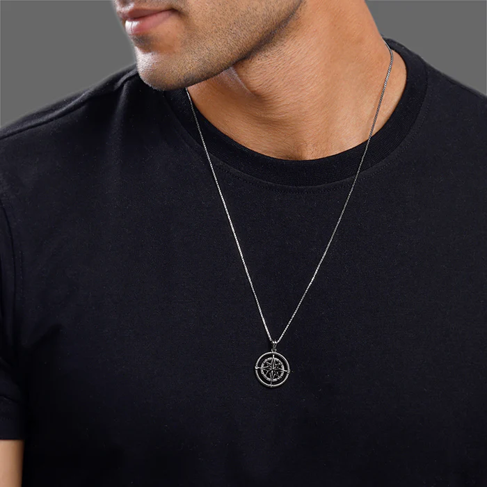 Black Rhodium Vintage Compass Pendant With Box Chain For Him - Image 3