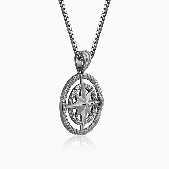 Black Rhodium Vintage Compass Pendant With Box Chain For Him - Image 4