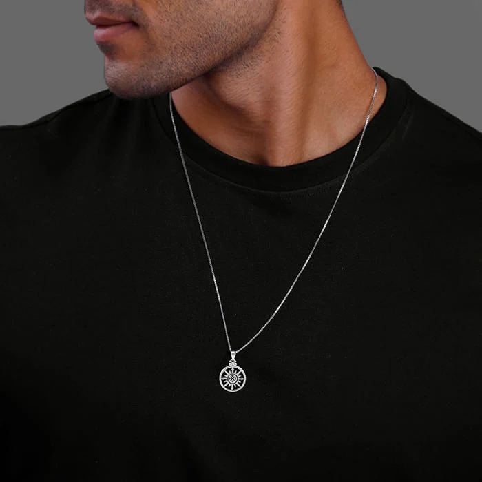 Silver Compass of Life Pendant with Box Chain For Him - Image 3