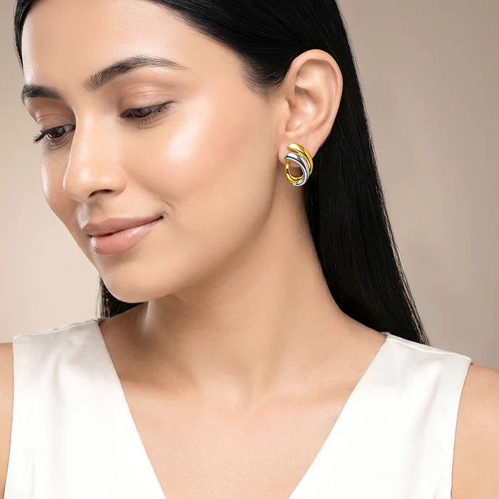 Dual Tone Crossover Silver Stud Earrings - Image 3