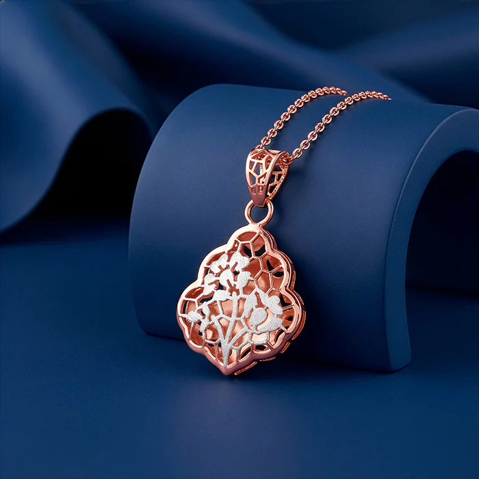 Dual Tone Floral Frame Silver Pendant With Link Chain - Image 2
