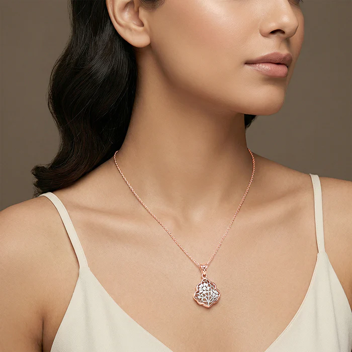 Dual Tone Floral Frame Silver Pendant With Link Chain - Image 3