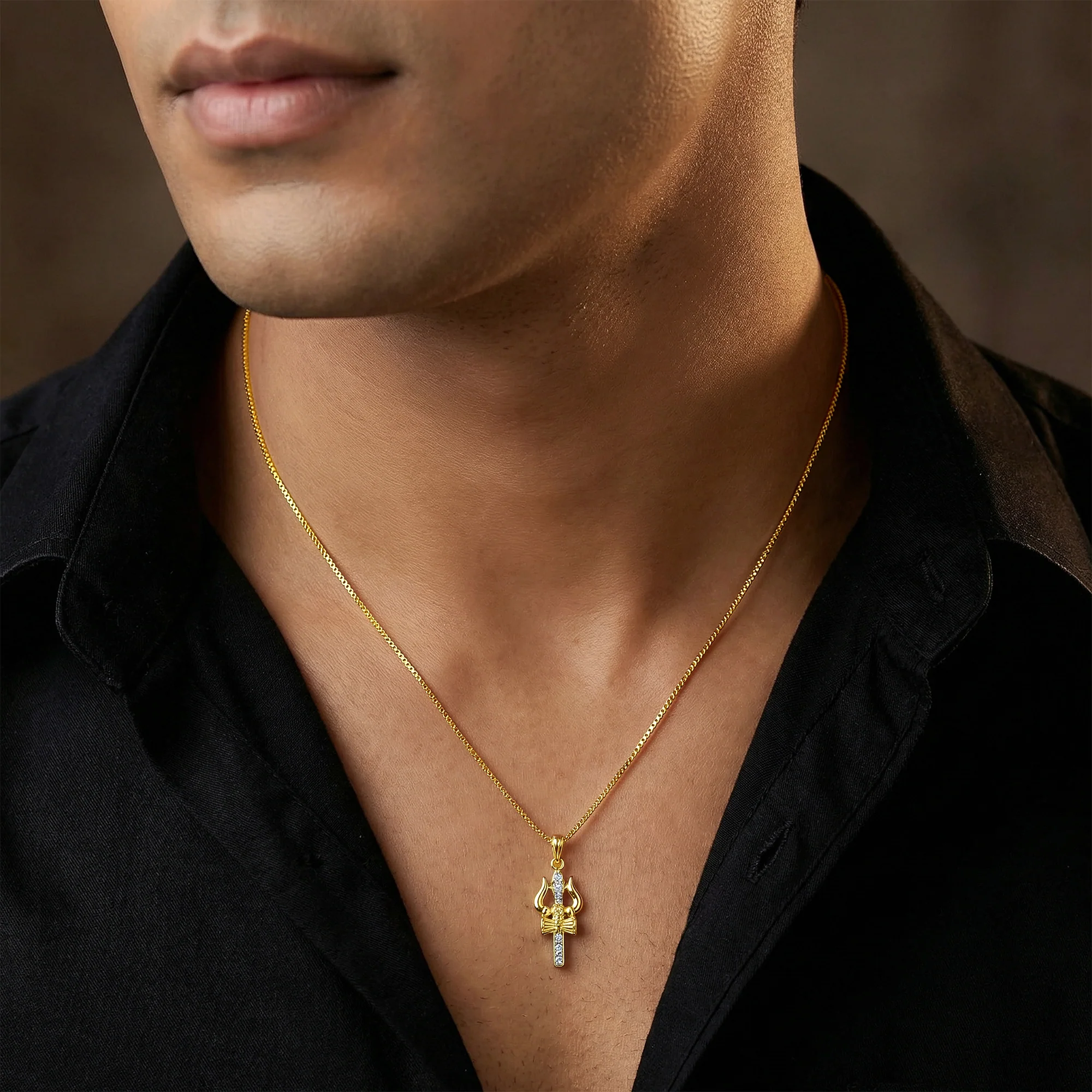 Dual Tone Mahadev Trishul Silver Pendant With Box Chain For Him - Image 3