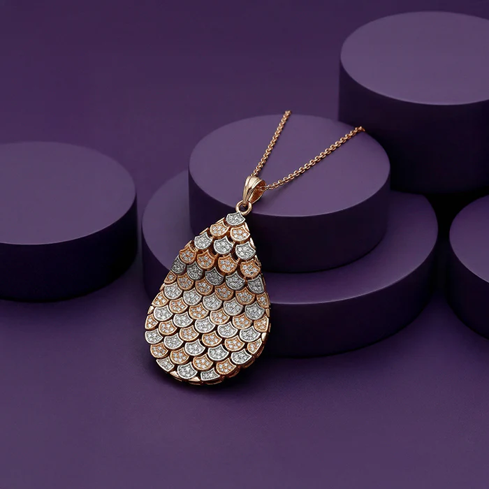 Dual Tone Oval Reef Silver Pendant With Link Chain - Image 2