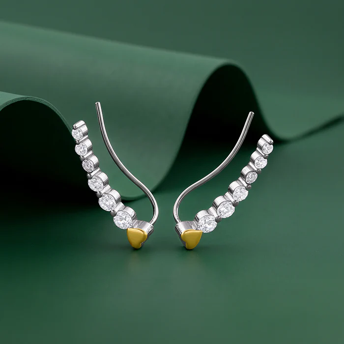 Dual Tone Raw Edge Silver Climber Earrings - Image 2