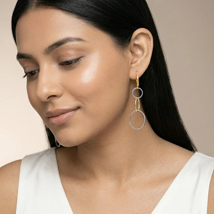 Dual Tone Sequence Silver Dangler Earrings - Image 3