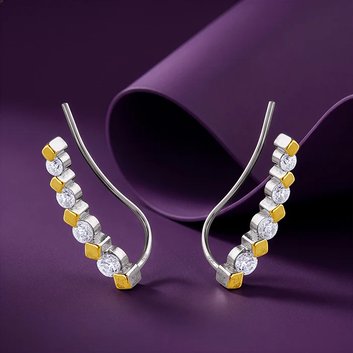Dual Tone Stellar Spike Silver Climber Earrings - Image 2