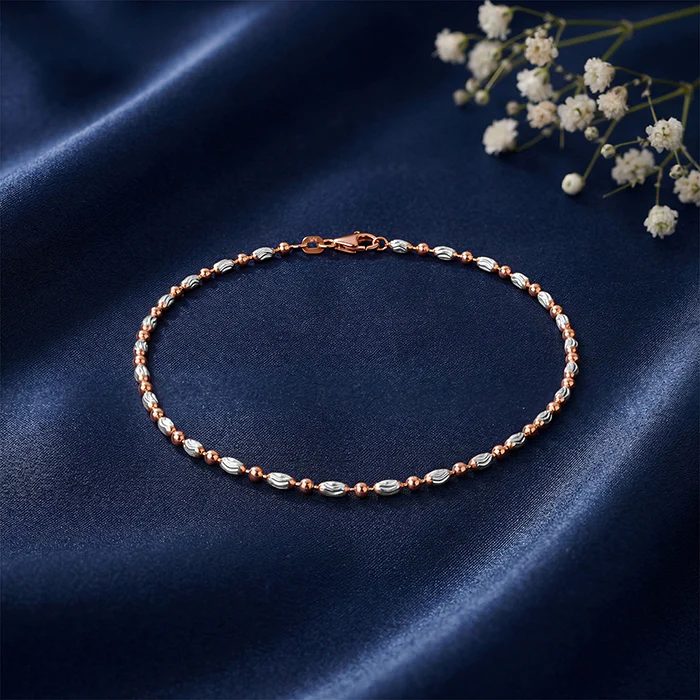 Dual Tone Textured Beaded Silver Anklet - Image 2