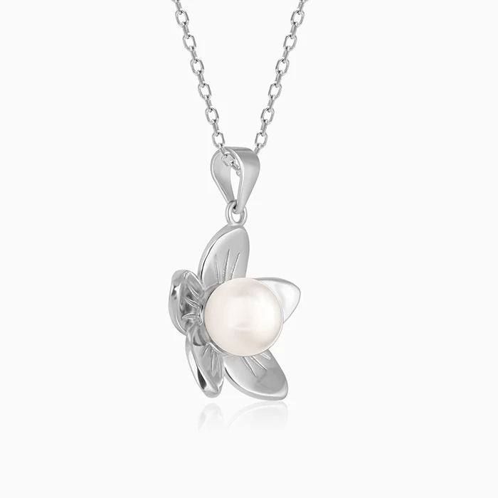 Silver Floral Pearl Pendant with Link Chain - Image 6