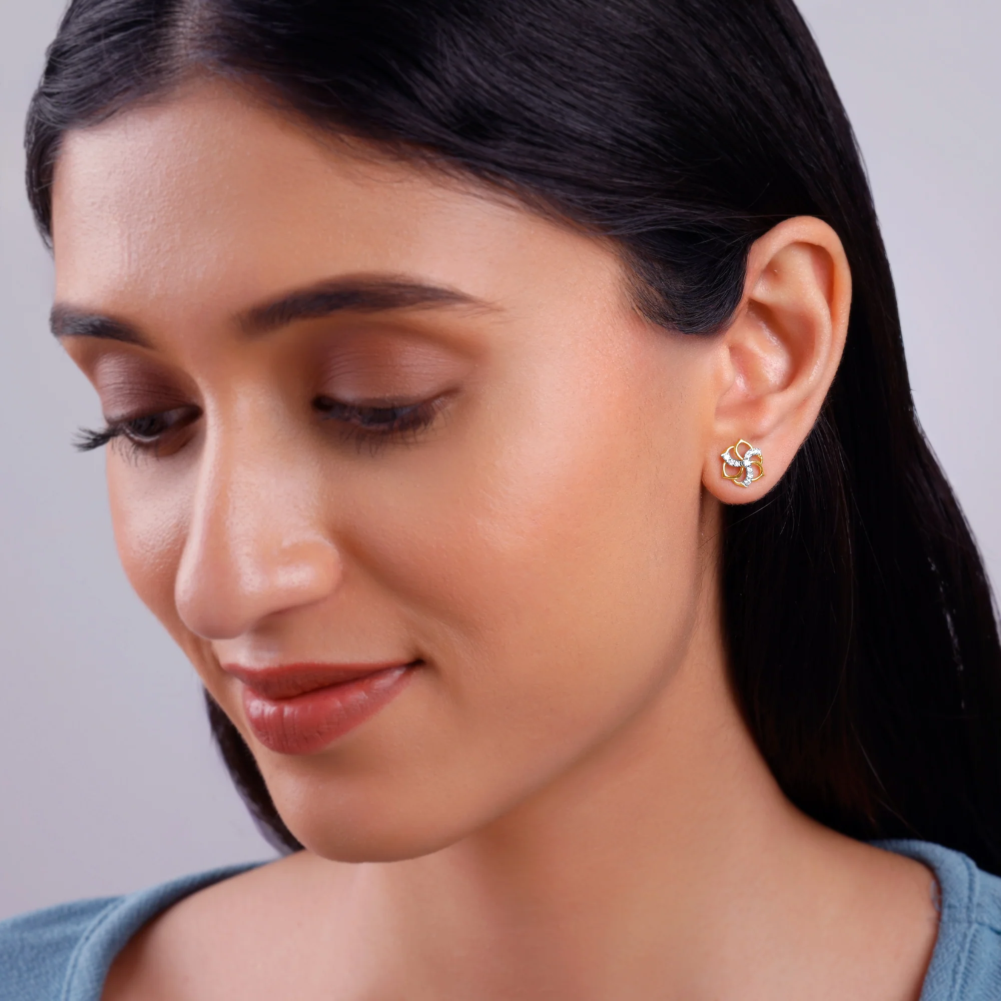 Gold Camellia Floral Lab Grown Diamond Earrings - Image 3
