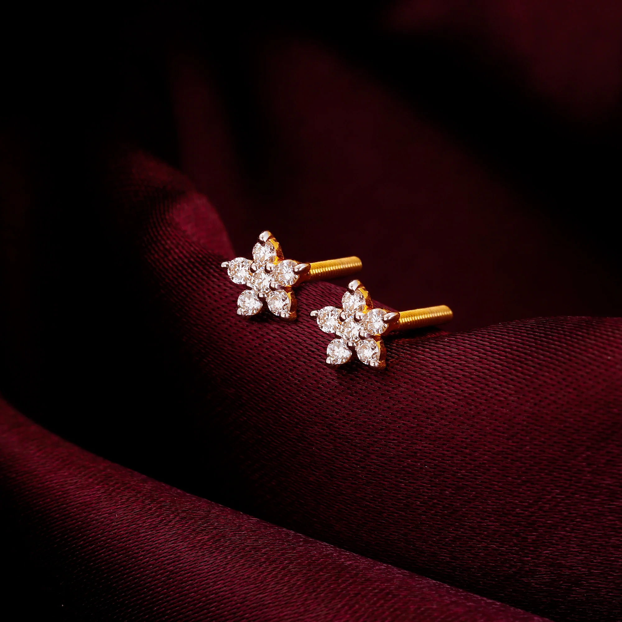 Gold Frilly Flower Diamond Earrings - Image 2