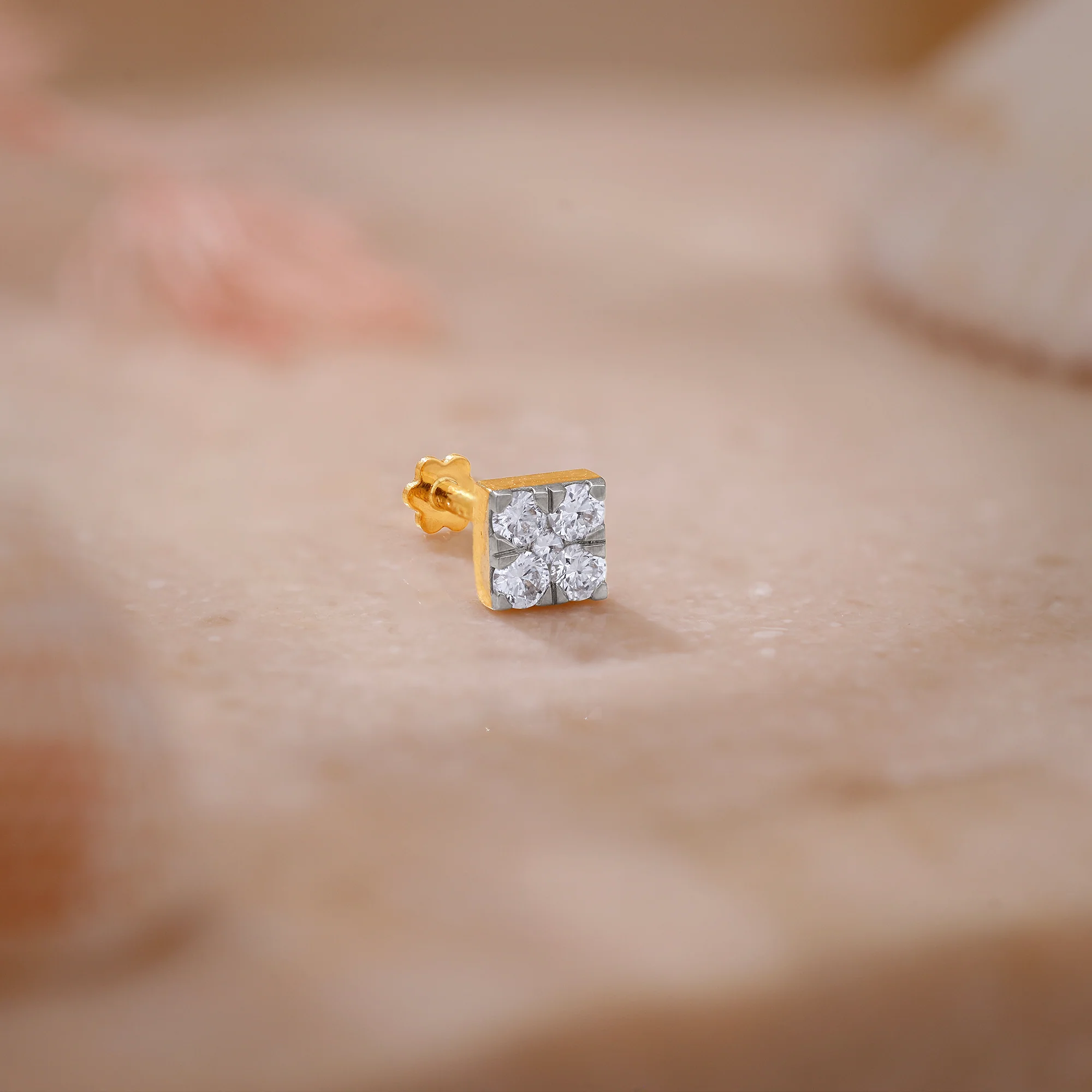Gold Glittering Cube Lab Grown Diamond Nose Pin - Image 2