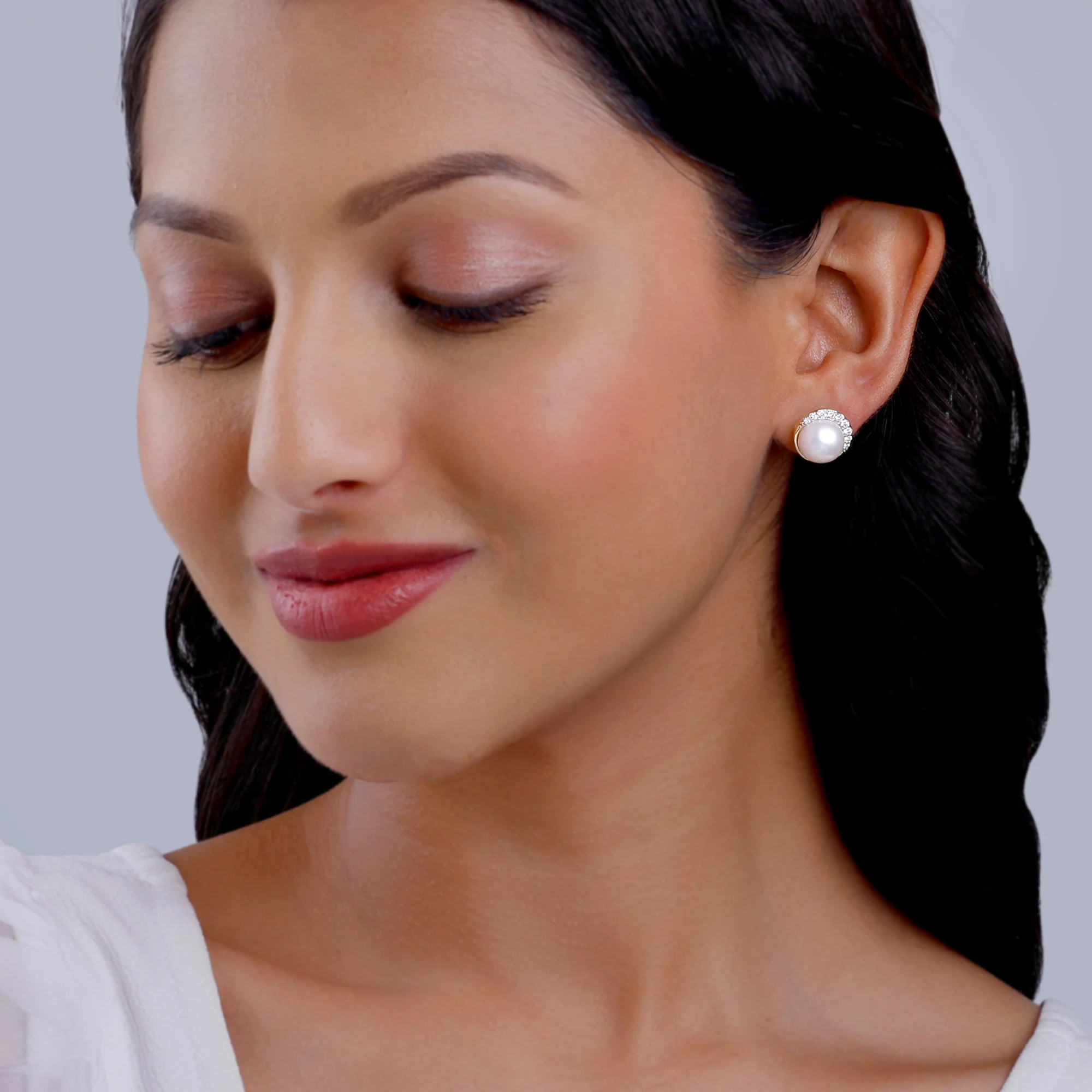 Gold Graceful Pearl Diamond Studs - Image 3