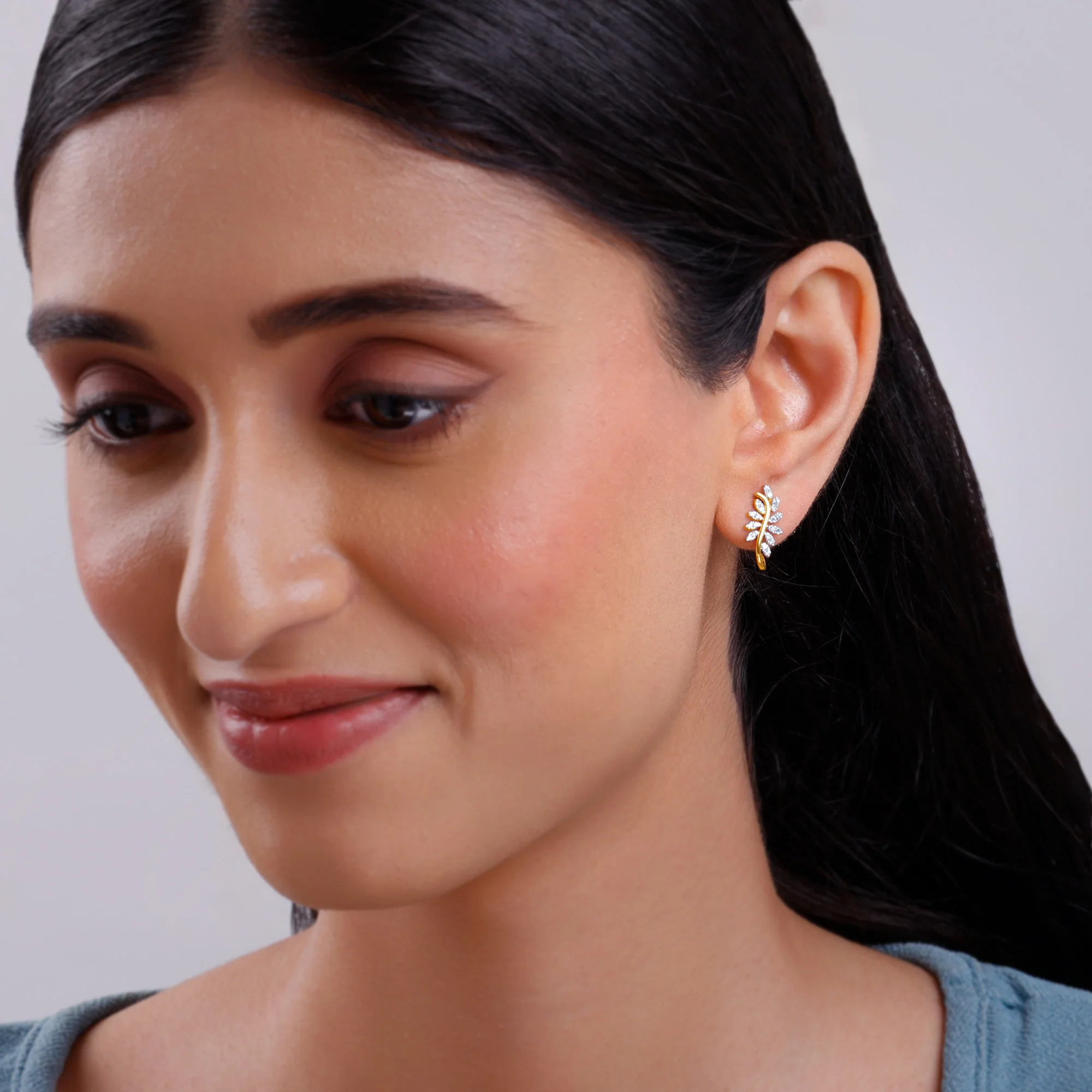 Gold Leafy Brilliance J Studs Lab Grown Diamond Earrings - Image 3