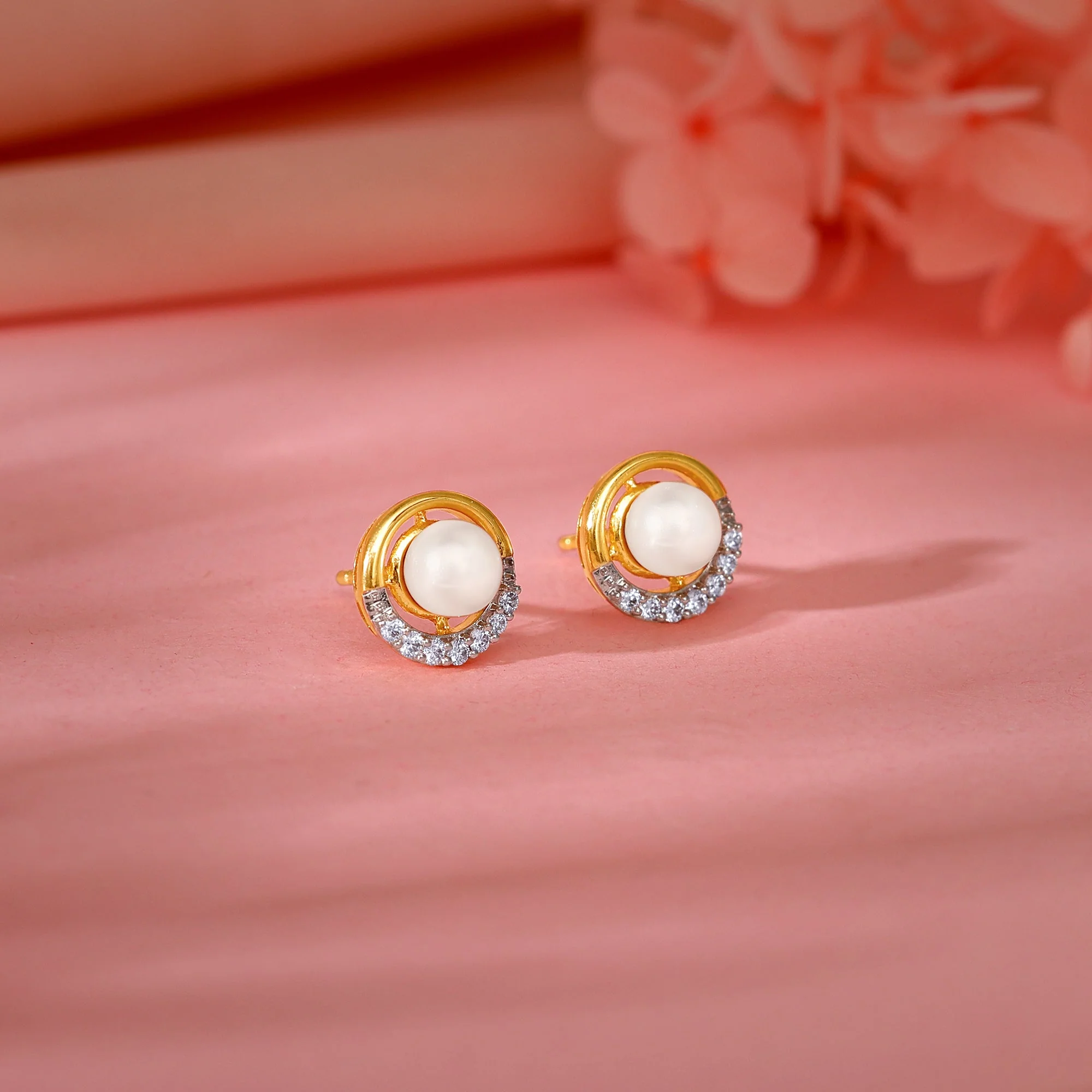 Gold Pearl Centred Diamond Earrings - Image 2