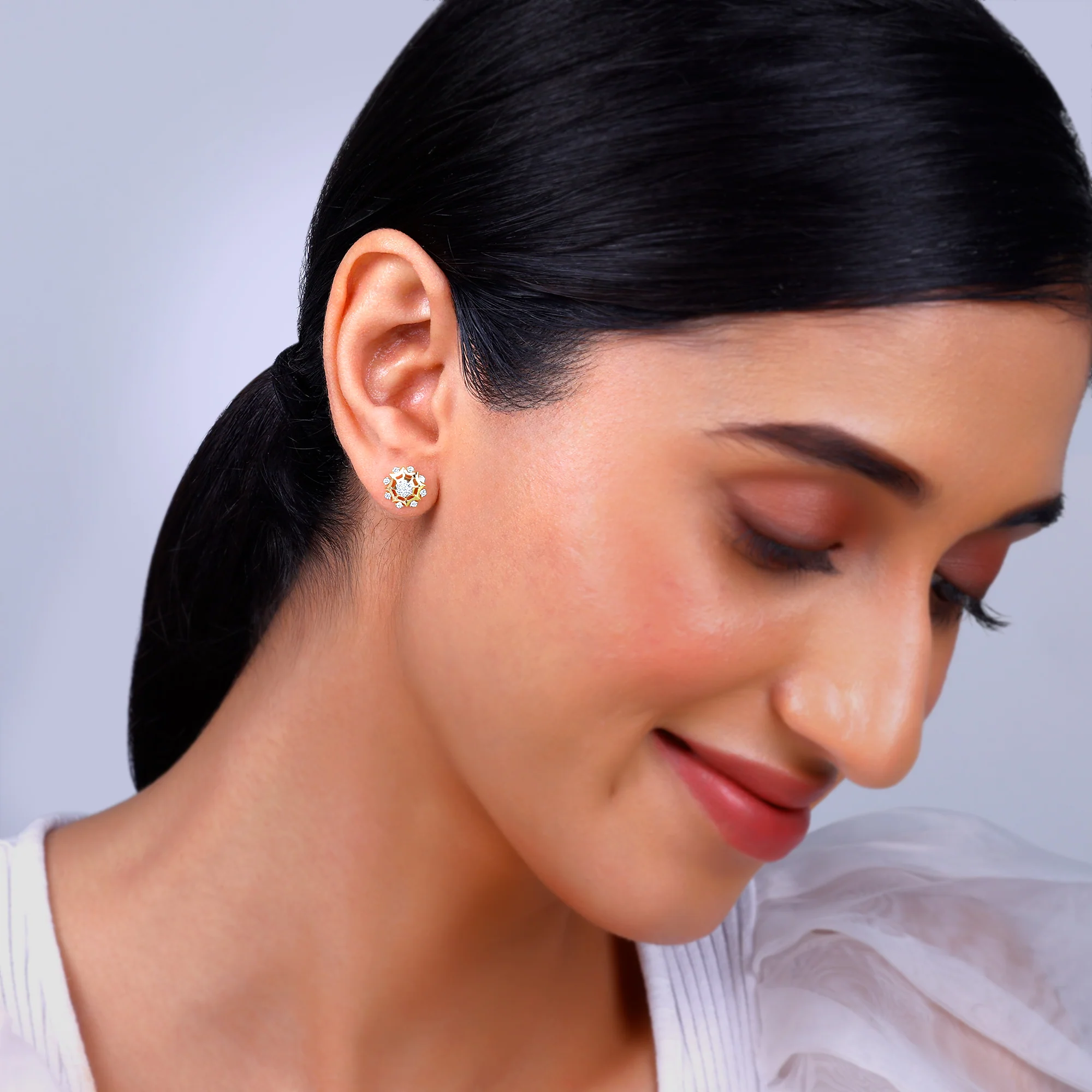 Gold Sparkling Dahlia Diamond Earrings - Image 3