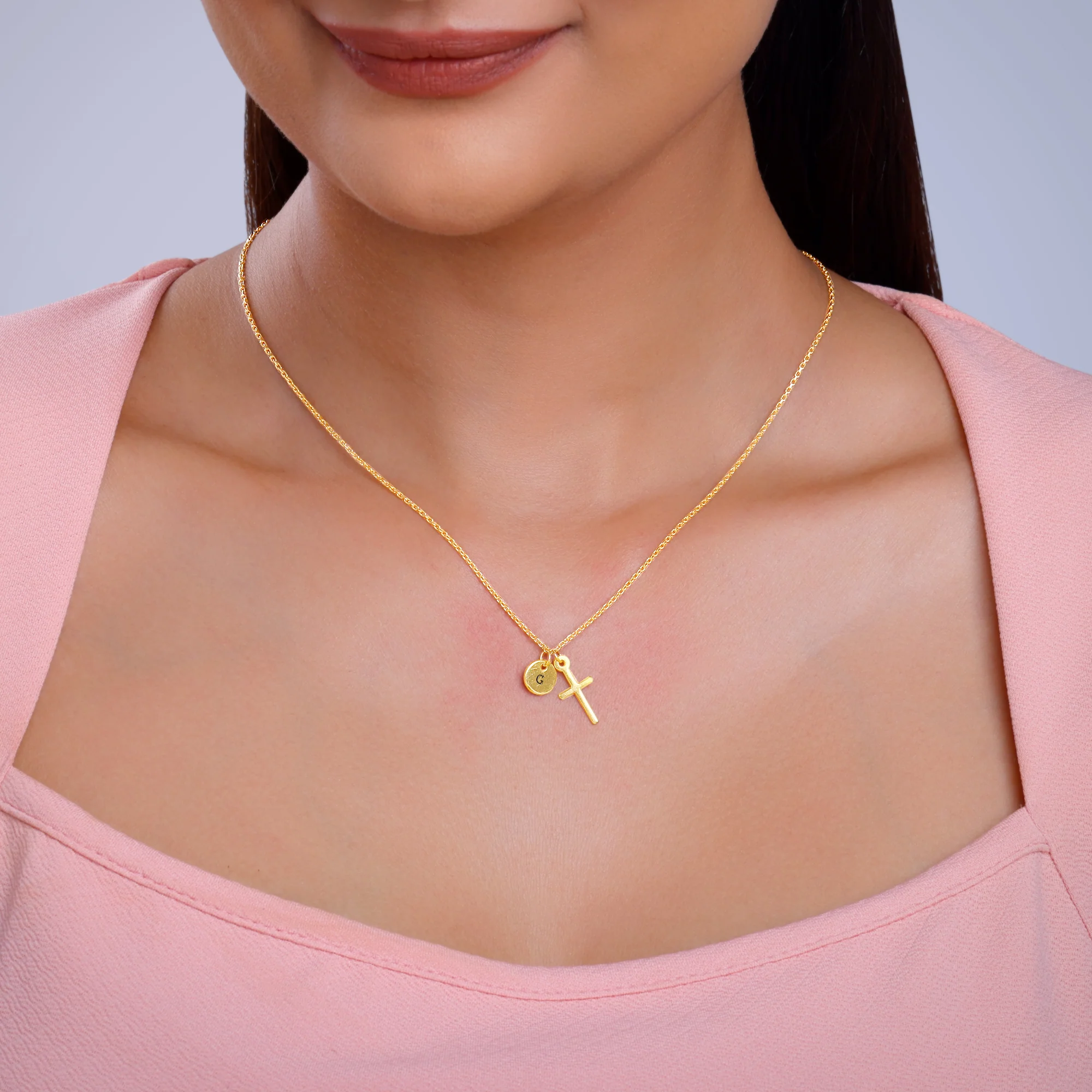Golden Personalised Halo Cross Pendant With Link Chain - Image 3