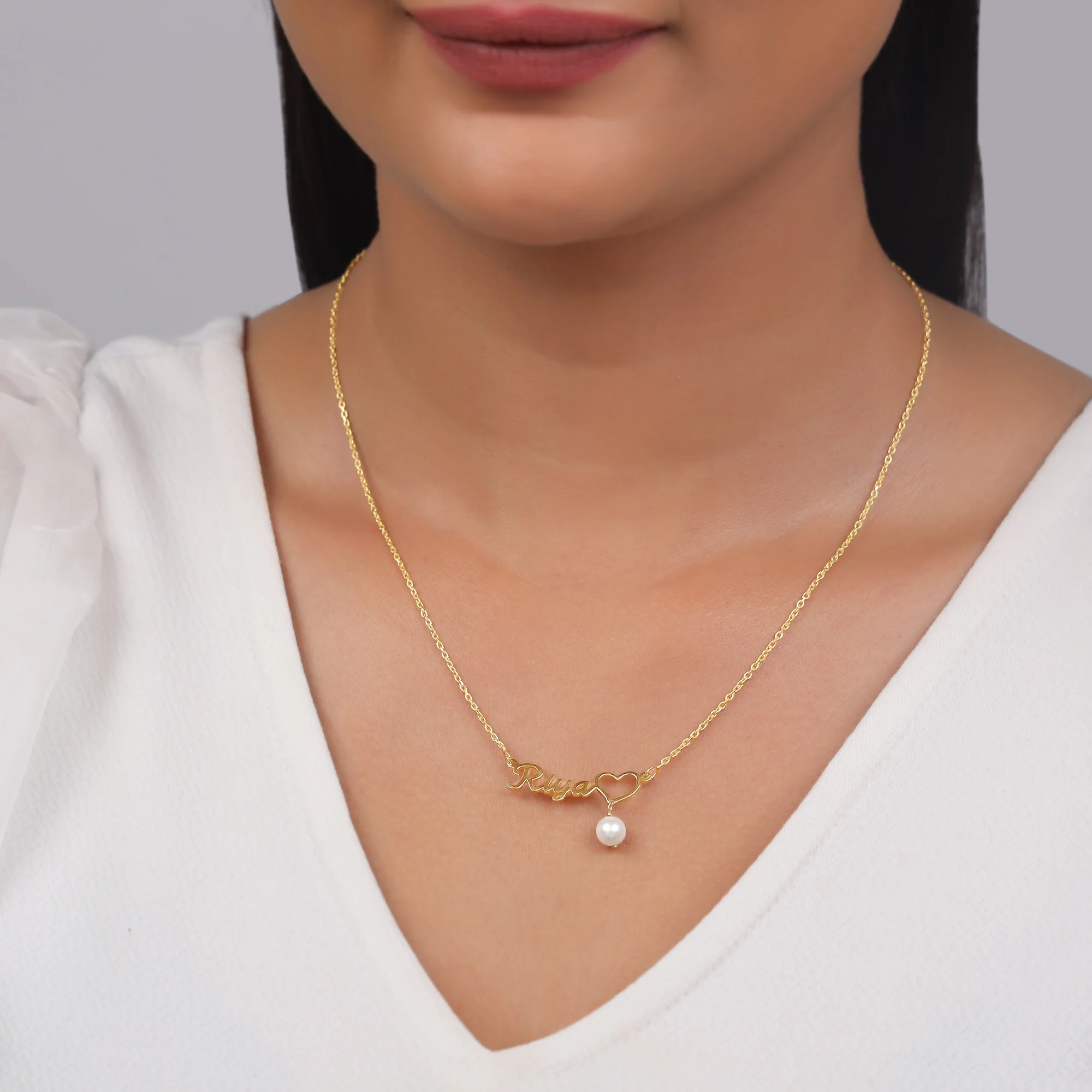 Golden Personalised Pearl Heart Necklace - Image 4