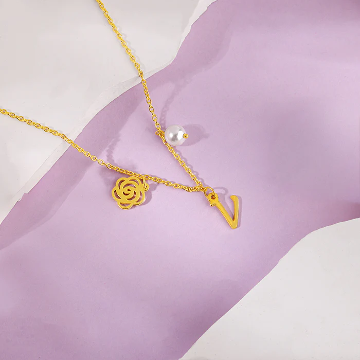 Golden Personalised Pearl Rosey Necklace - Image 3