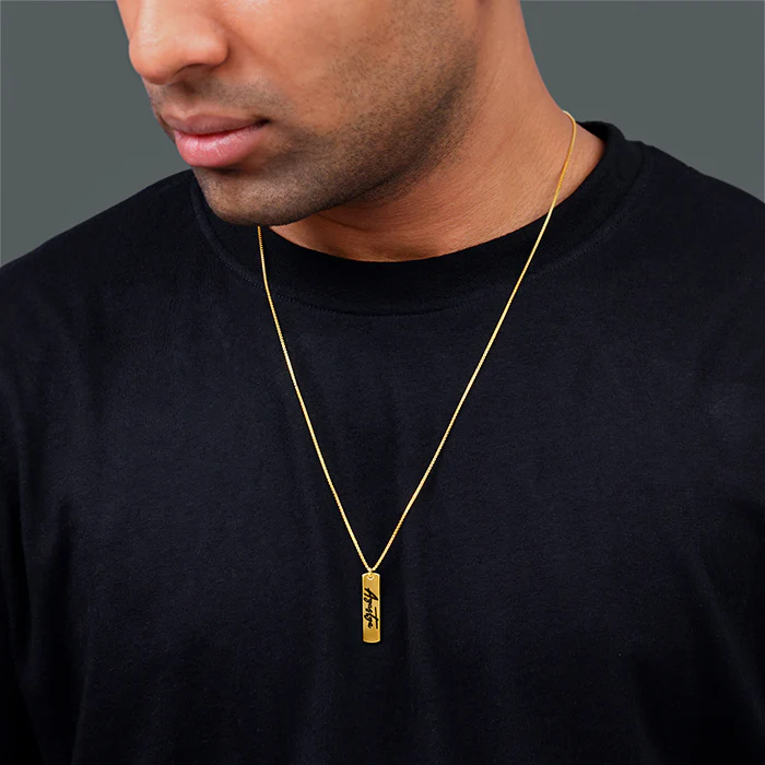 Golden Personalised Vertical Bar Name Pendant with Box Chain For Him - Image 3