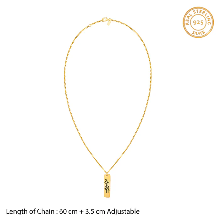 Golden Personalised Vertical Bar Name Pendant with Box Chain For Him - Image 5