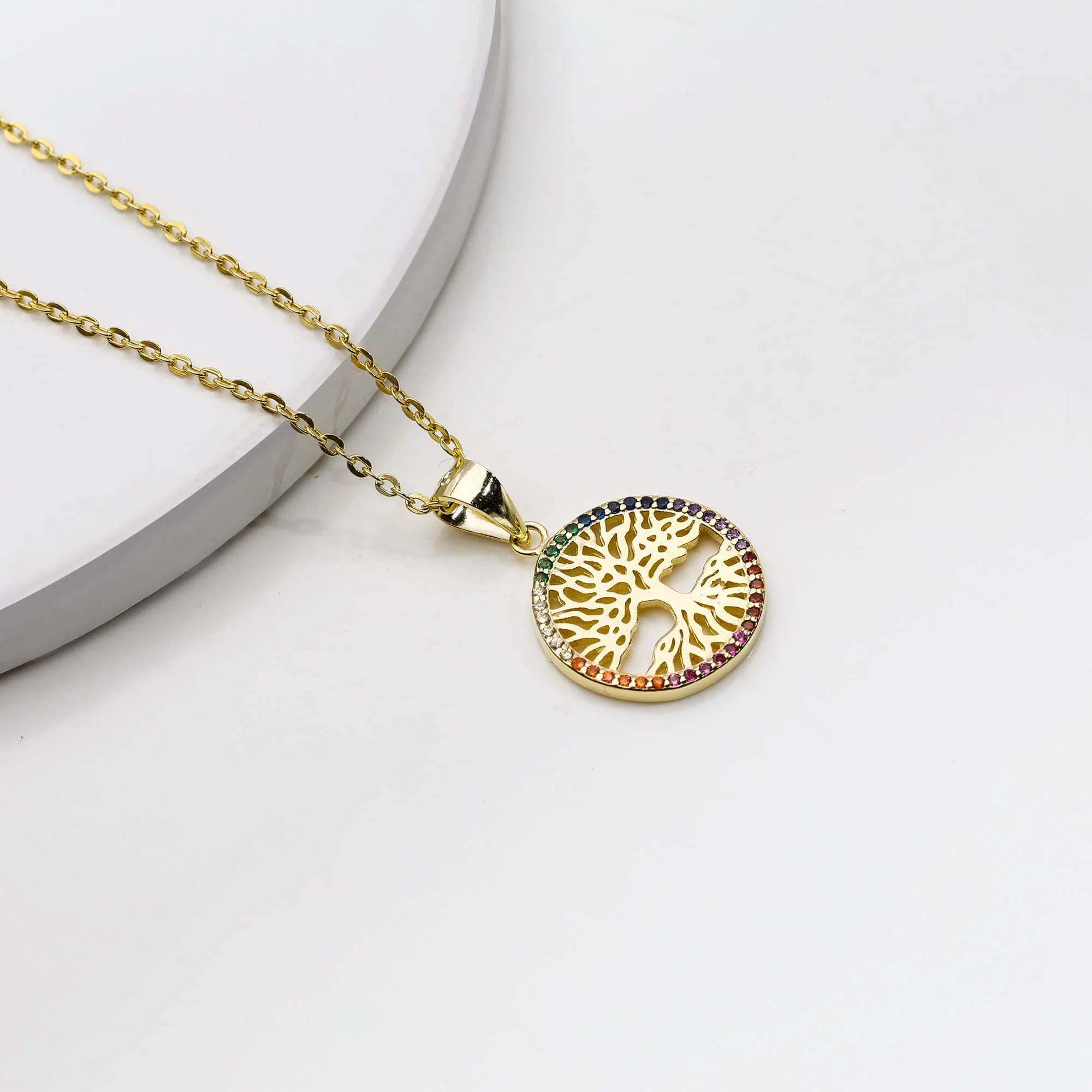 Golden Rainbow Tree of Life Pendant with Link Chain - Image 2