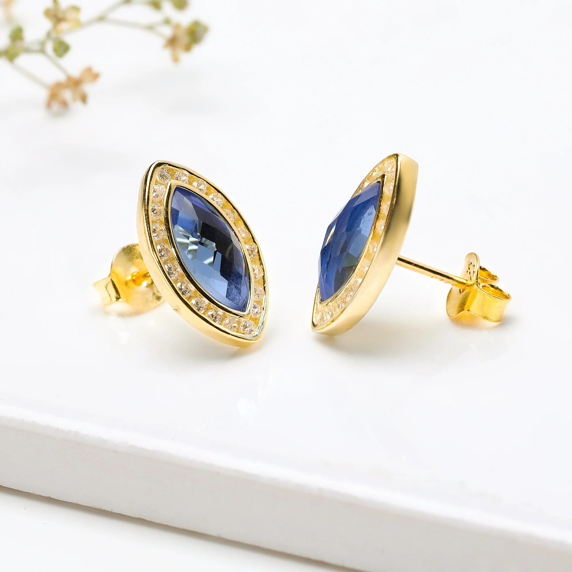 Golden Sapphire Blue Marquise Earrings - Image 3