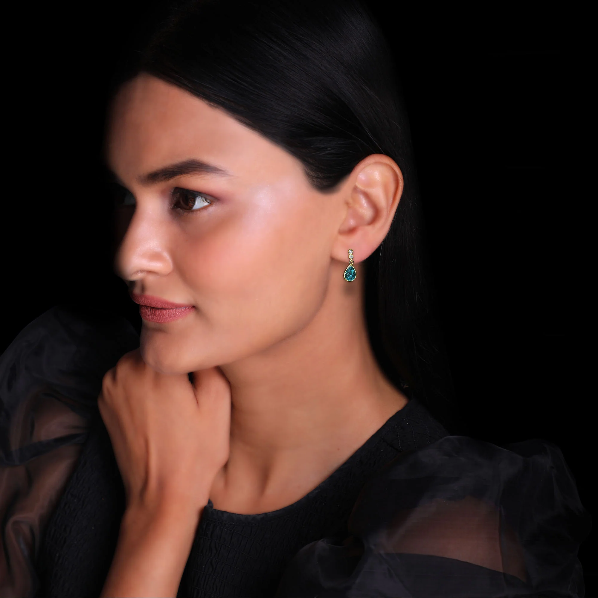 Golden Turquoise Blue Tear Drop Earrings - Image 3