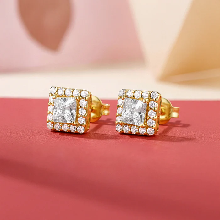 Golden Zircon Square Halo Earrings - Image 2