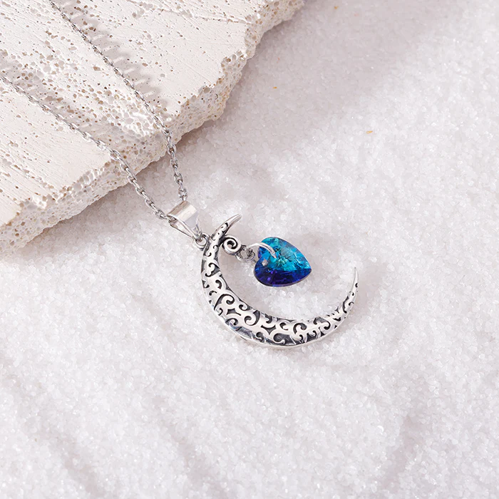 Oxidised Silver Moon Heart Pendant with Link Chain - Image 2
