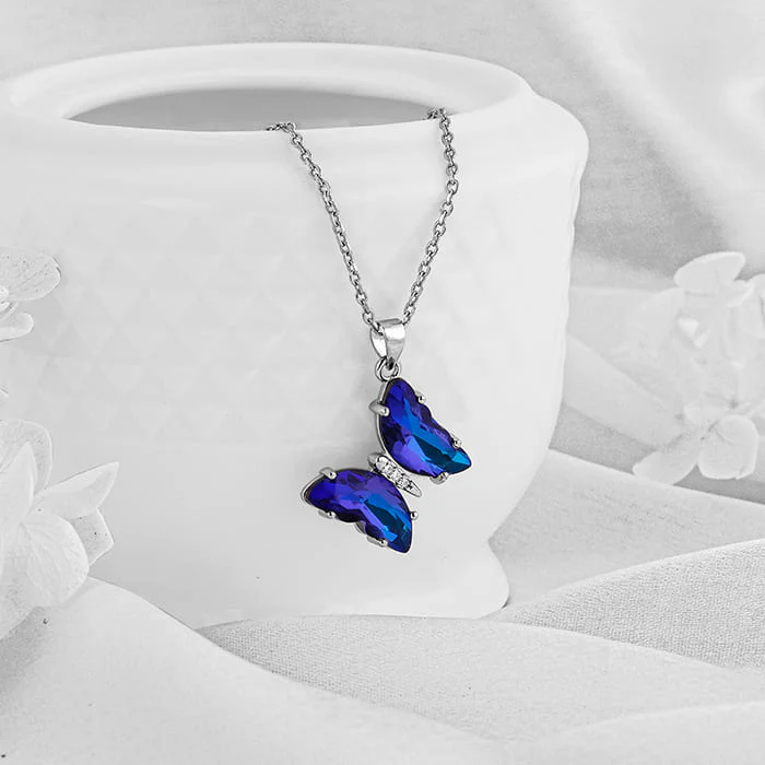 Silver Midnight Blue Butterfly Pendant With Link Chain - Image 2
