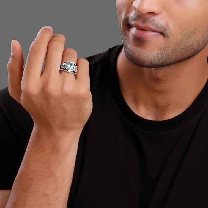 Oxidised Silver Aqua Shine Ring For Him - Image 3