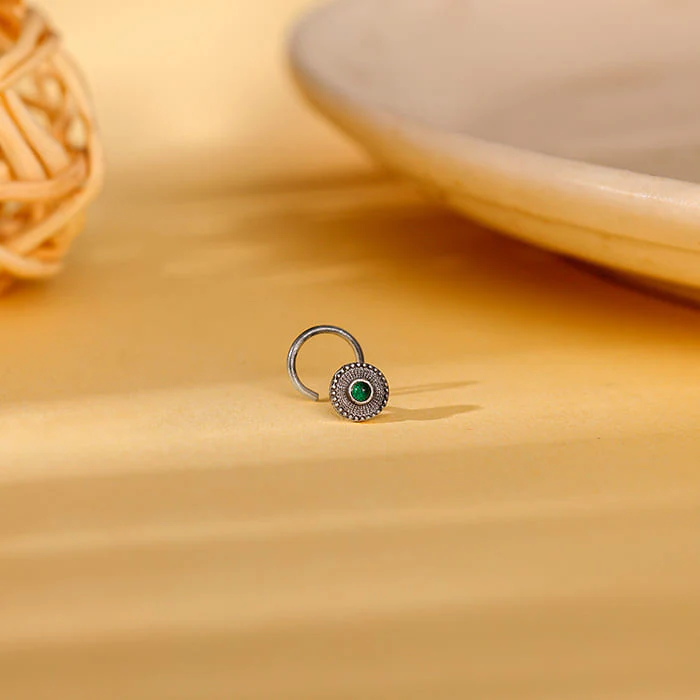 Oxidised Silver Bottle Green Nose Pin - Image 2