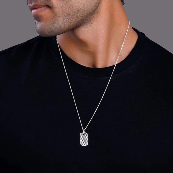 Oxidised Silver Confident Pendant With Box Chain For Him - Image 3