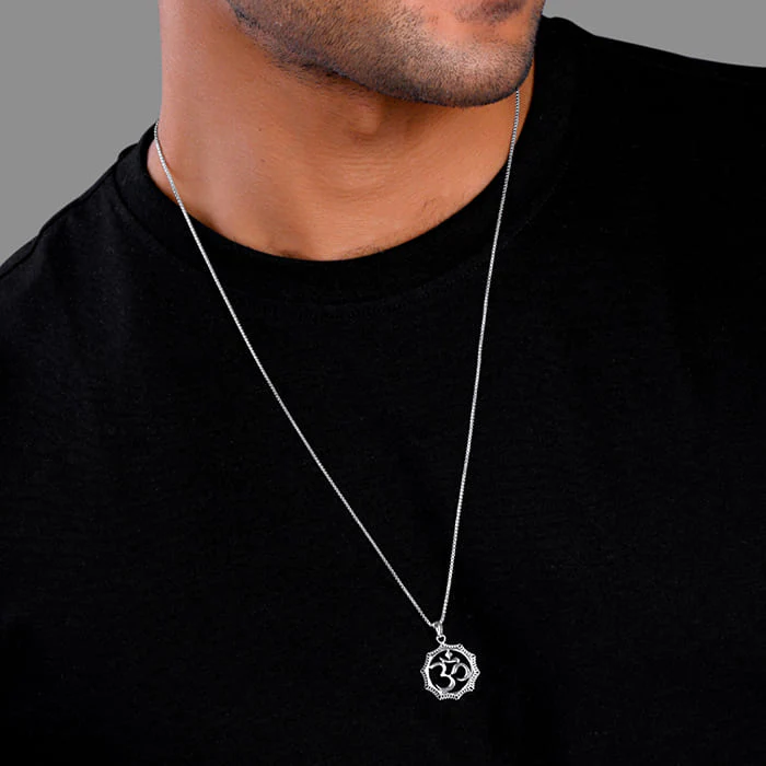 Silver Graceful Om Pendant With Box Chain For Him - Image 3