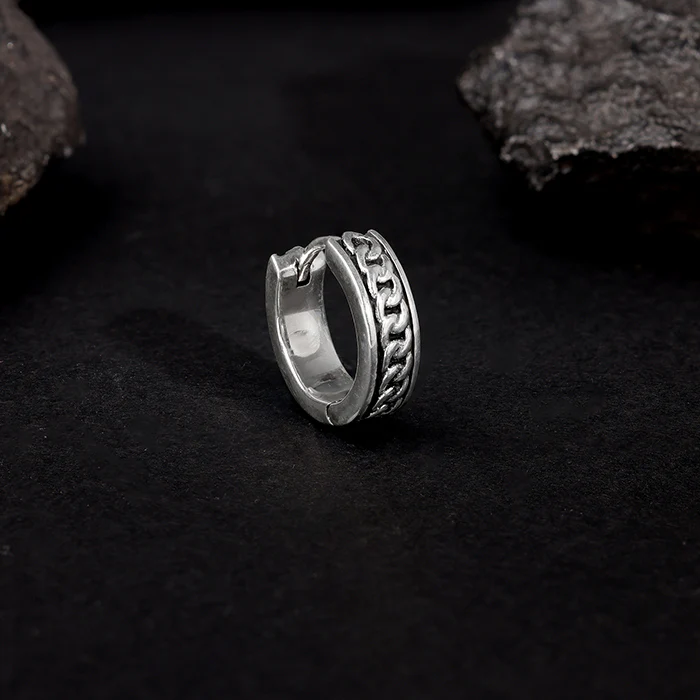 Oxidised Silver Linked Chain Hoop Stud For Him - Image 3