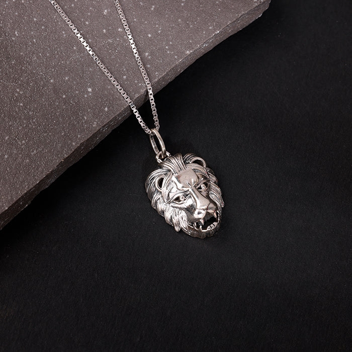 Oxidised Silver Lion Pendant With Box Chain For Him - Image 2