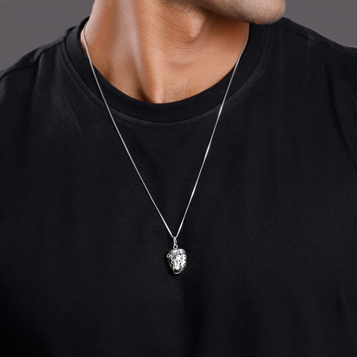 Oxidised Silver Lion Pendant With Box Chain For Him - Image 3