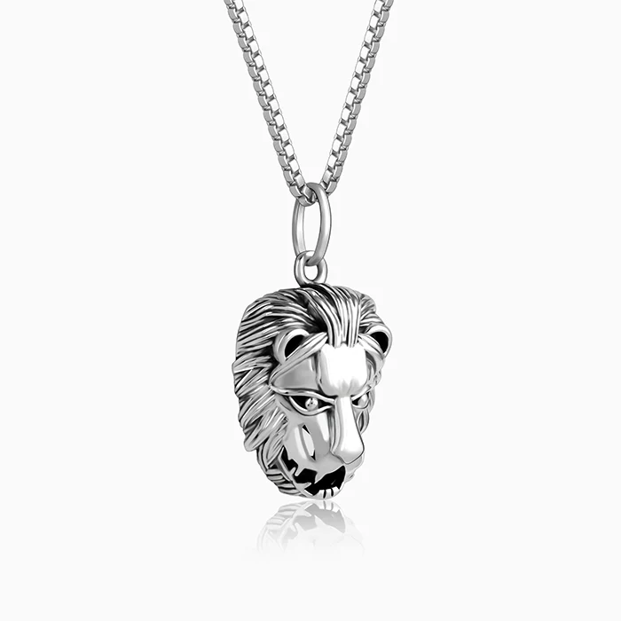 Oxidised Silver Lion Pendant With Box Chain For Him - Image 4