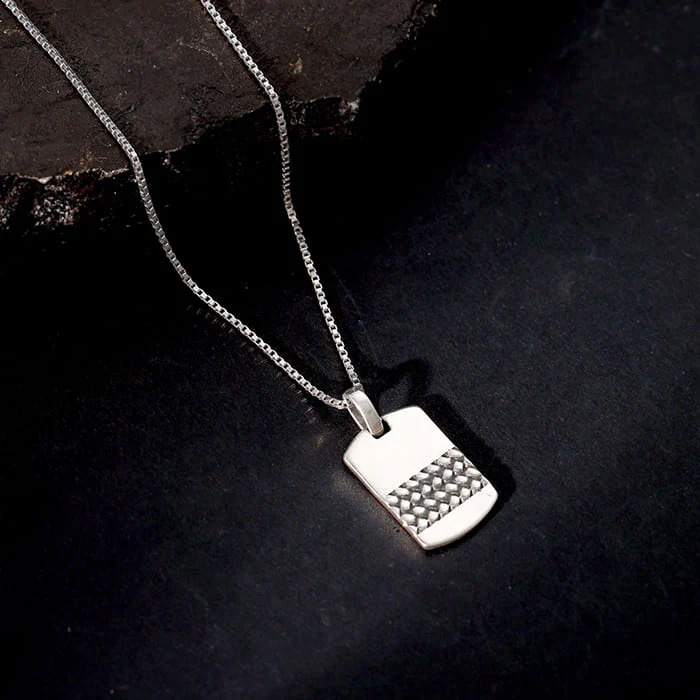 Oxidised Silver Modern Rectangular Pendant With Box Chain - Image 2