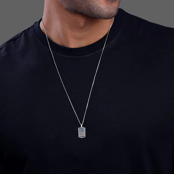 Oxidised Silver Modern Rectangular Pendant With Box Chain - Image 3
