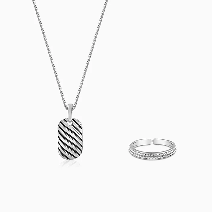 Oxidised Silver Obsidian Duo Set For Him - Image 3