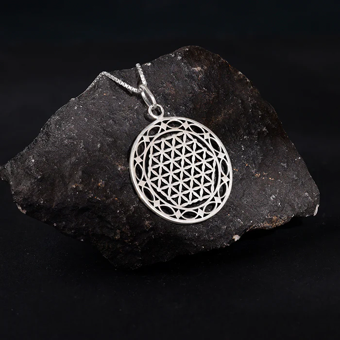 Oxidised Silver Sacred Bloom Pendant With Box Chain For Him - Image 2