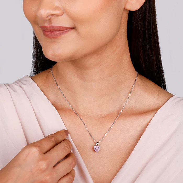 Silver Pink Heart Pendant with Link Chain - Image 3