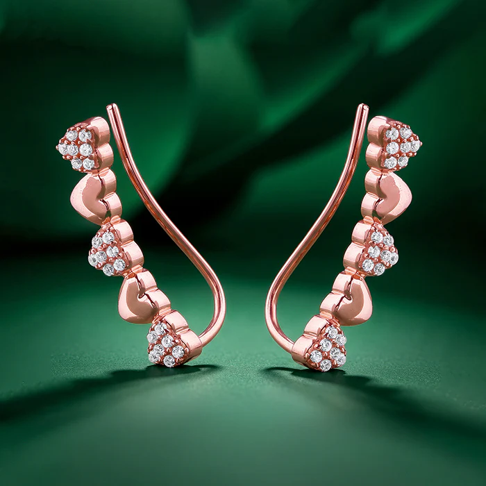 Rose Gold Alterna Heart Climber Earrings - Image 2