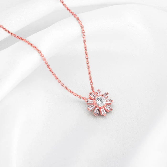 Rose Gold Baguette Flower Pendant with Link Chain - Image 2
