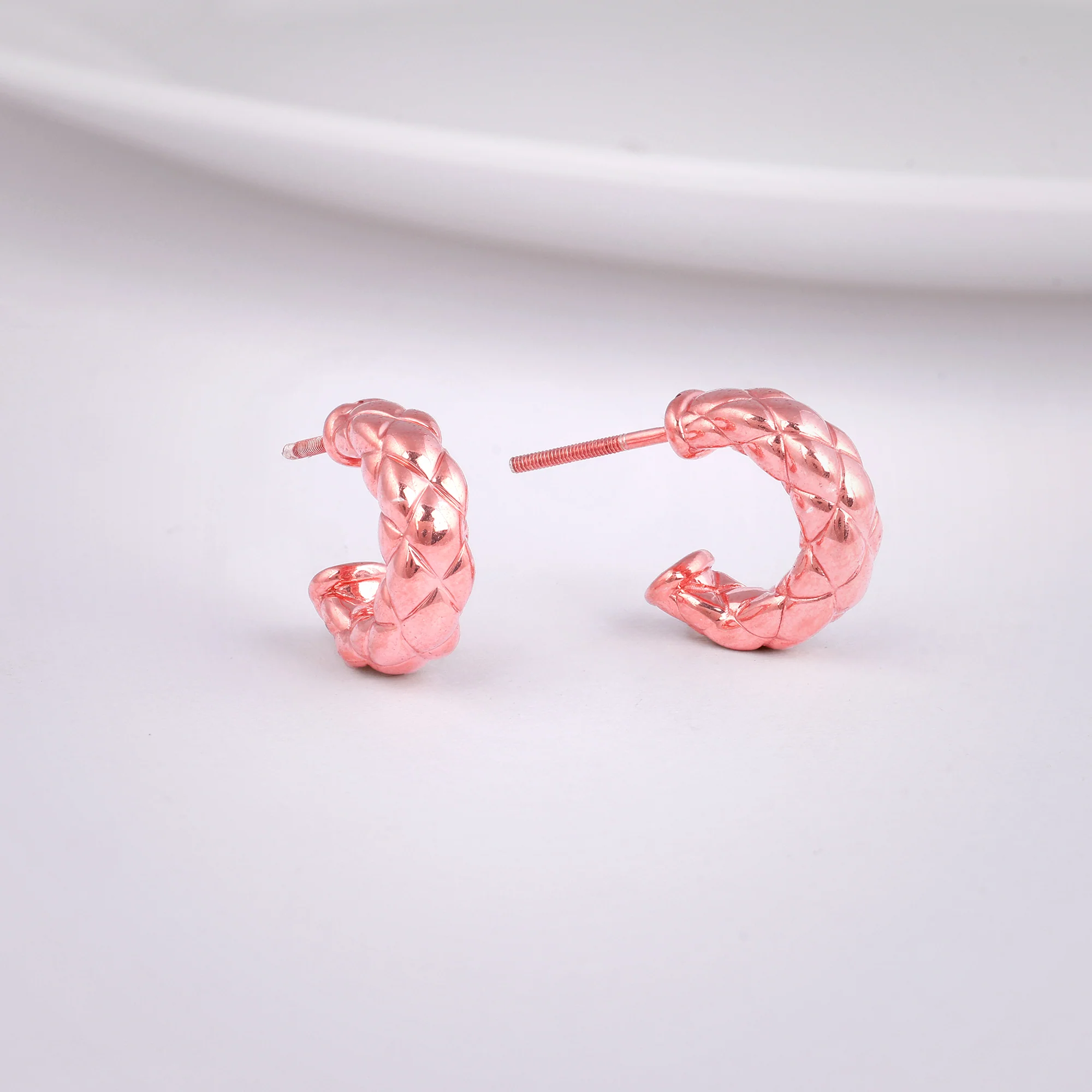 Rose Gold Chequred J Stud Earrings - Image 2