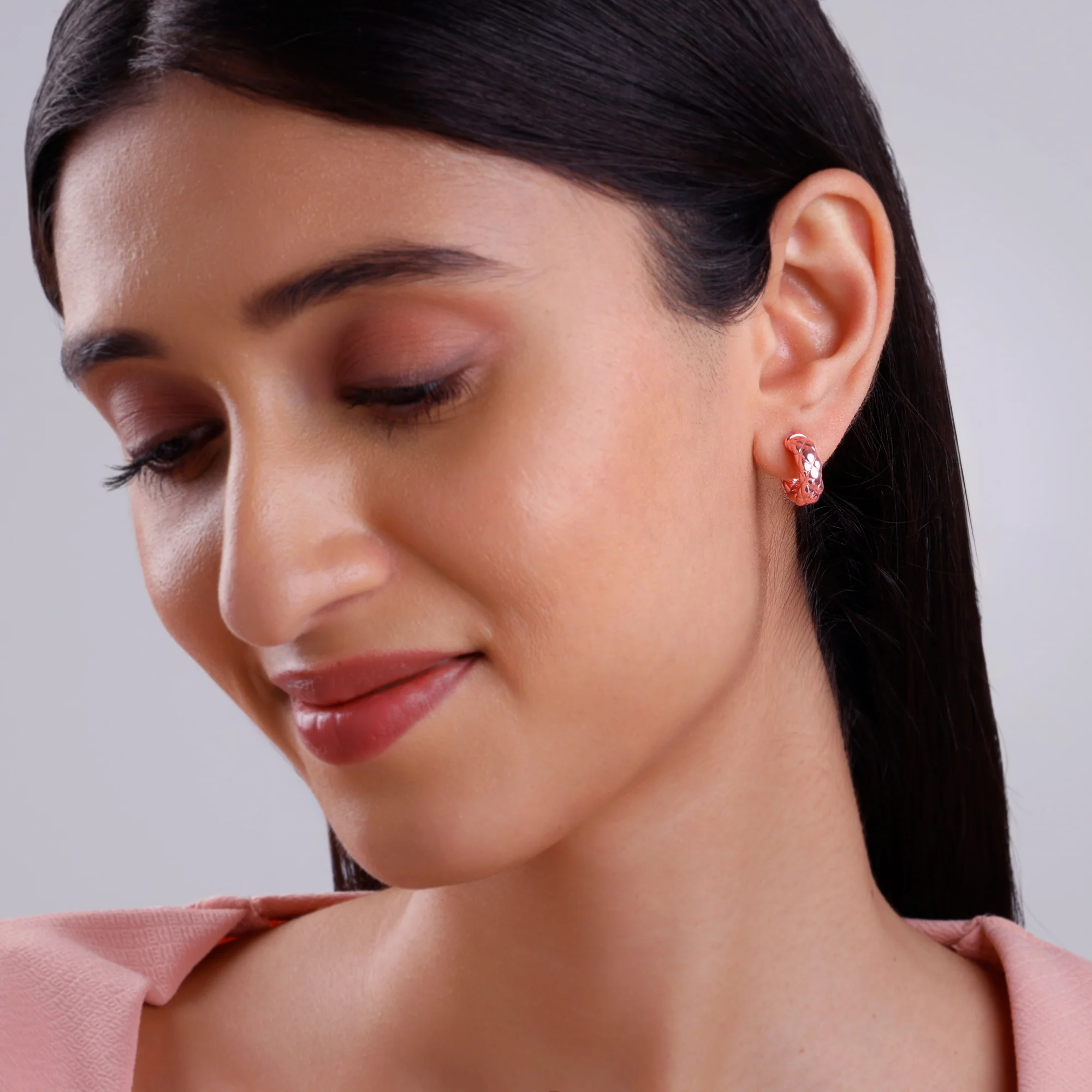 Rose Gold Chequred J Stud Earrings - Image 3