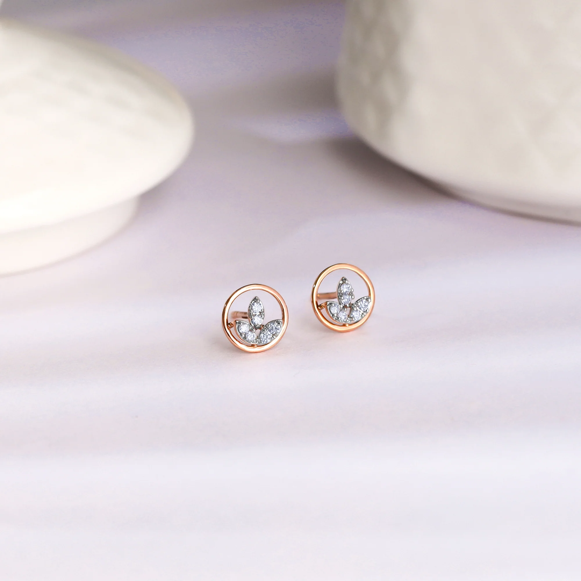 Rose Gold Floral Circle Diamond Earrings - Image 2